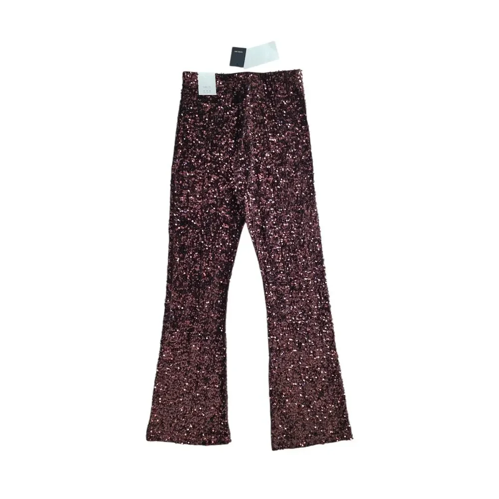 Zara Brown Sequin Flare Pants Elastic Waist Size Medium